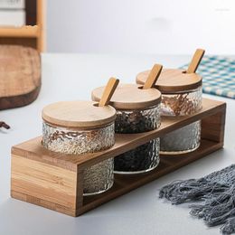 Storage Bottles 280Ml Japan-Style Hammered Glass Jar Set Straight Bamboo Shelf Seasoning Box Kitchen Salt Sugar Bottle Tool