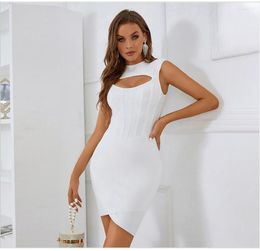 Casual Dresses Keyhole Bandage Dress Cut Out Summer Sleeveless Slim Elastic Tight Sexy Bodycon Mini High-Low Party