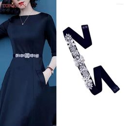 Belts TOPQUEEN S65 Women'S Clothing Accessories Delicate Diamond Rhinestones With Silver Leaf Black Stretch Belt Party Eveni