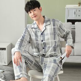 Men's Sleepwear Pyjama Set Full Cotton Spring Long Sleeve Print Pyjama Suit Autumn Nightwear Collar Pijama Male Two Piece 4XL 230111