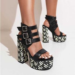 Dress Shoes Sandals Summer New Women's Fish Mouth ROMAN SANDALS Thick Bottom Thick Heel Metal Belt Buckle Sexy Sandals Green Black White Size 34-43 0111