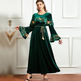 Ethnic Clothing Abaya Muslim Women Flared Sleeves Velvet Dress Moroccan Kaftan Dubai Winter Robes Turkey Arabic Embroidery Hijab Islamic Clo