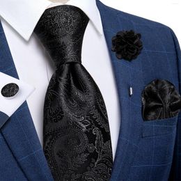 Bow Ties 2023 Classic Black Solid Paisley Silk For Men Handkerchief Cufflinks Brooch Pin Wedding Accessories Gift Dropship