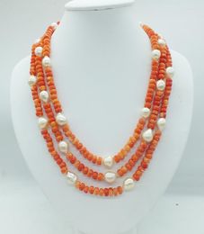 Choker Rare! The Last One! 3 Rows Of Natural Orange Coral And Pearl Necklace Most Classic Bridal Wedding 18-22"