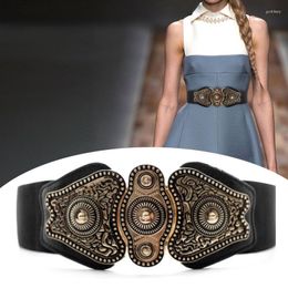 Belts Women Wide Belt PU Leather Elastic Waistband Cummerbund Lady Court Carved Buckle Retro Waist Dress Brand Design