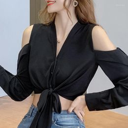 Women's Blouses Blouse Women Blusas Mujer De Moda 2023 Long Sleeve Sexy Off Shoulder Top V-neck Black Chiffon Shirt Tops Blusa D500