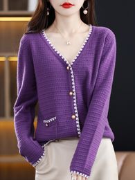 Women's Knits Tees Autumn Winter 100 Pure Wool Women V Neck Cardigan Patchwork Colour Long Sleeve Belt Pocket Loose Sweater Knit Coat 230111