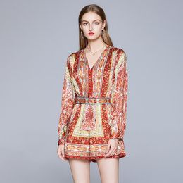 Women's Jumpsuits Bohemian Printed Female Playsuit Romper Women Sexy Lantern Sleeve Sashes Pocket Loose National Summer Ladies Overall & Rom