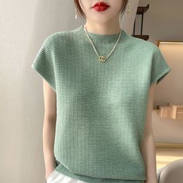 Women's TShirt shortsleeved women's half high round neck pullover vest summer loose fashion knitted bottoming Tshirt 230110