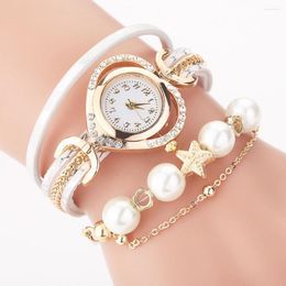 Wristwatches Women Bracelet Watches With Pearl Pendant Luxury Ladies Leather Quartz Rhinestone Clock Zegarek Damski