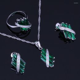 Necklace Earrings Set Dazzling Green Cubic Zirconia White CZ Silver Plated Pendant Chain Ring V0971