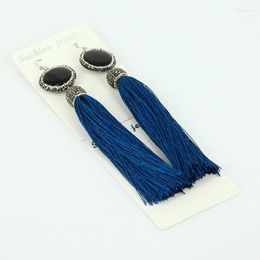 Dangle Earrings Original Bohemia Dark Blue Silk Fabric Tassel Rhinestone Cap Black Stone Charms Connectors Long Drop For Women