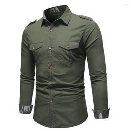 Men's Dress Shirts #4620 Cargo Shirt Men Long Sleeve Epaulette Pockets Military Man Outerwear Jeans Black Khaki Green Grey