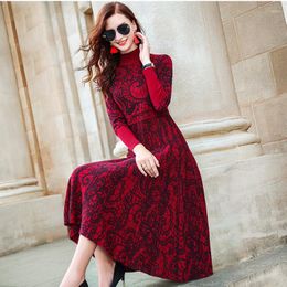 Casual Dresses Autumn Winter 2023 Turtle Neck Long Sleeve Sweater Knitting Dress Embroidery Print Big Swing Midi Pullover Knitwear