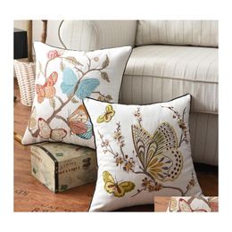 Cushion/Decorative Pillow Butterfly Peacock Embroidery Cushion Er 45X45Cm Floral Country Style Cotton Home Decoration For Living Dro Dhcvf