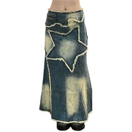 Skirts Y2K Women Streetwear Vintage Star Knee Length Denim Midi Long Skirt High Waist Straight Grunge Jeans Alt Maxi Skirts Clothes P230420