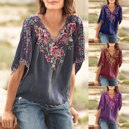 Women's Blouses & Shirts M-3XL Blouse Women Plus Size Casual V Neck 3/4 Sleeve Floral Embroidery Loose Pullover T-shirt Female Summer Clothe