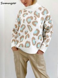 Women's Sweaters Sumuyoo Winter Sweater Leopard Print White Turtleneck Oversize Jumper Vintage Warm Knitted for Women 230111