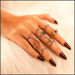 Band Rings 9 Pcs/Set Women Green Crystal Geometry Crown Flower Heart Star Opal Knuckle Ring Set Boho Party Jewellery Gold Finger 464 Q Dhey2