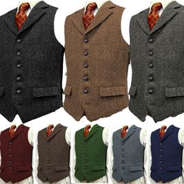 Men's Vests Men's Wool Tweed Slim Fit Leisure Cotton Burgundy Vest Gentleman Herringbone Business Brown Waistcoat Blazer For Wedding Groom 230111