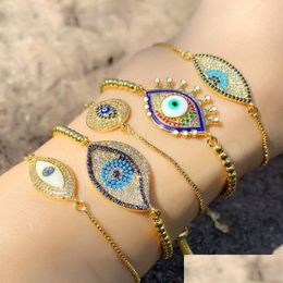 Charm Bracelets Fashion Jewellery Beaded Copper Gold Plated Zircon Evil Eye Bracelet Blue Eyes Adjustable Drop Delivery Dhdou