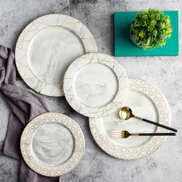 Plates 1pc Glod Geometry Diamond Marble Ceramic Dinner Flat Plate Dish Sets Salad Desset Sousplat Decorative Tableware