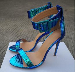 Dress Shoes Customized Blue Silver Fluorescent Leather Women Sandals Cut-out Peep Toe Ankle Strap Buckle Banquet Snakeskin