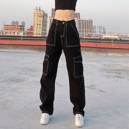 Women's Jeans Japanese Streetwear Contrast Stitch Baggy Y2K Cargo Pants for Women Cute Girls High Waist Straight Leg Black 230110