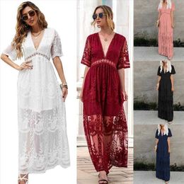 Summer Holiday Lace Dress Sexy V Neck Embroidered Solid Color Long Womens 6 Colors