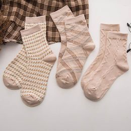 Women Socks 3Pair/Pack Harajuku Houndstooth Hip Hop Cotton Diamond Casual Student Short Skateboard Soxs Striped Plaid Sock