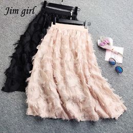 Skirts Long Tulle Midi Skirt Women Korean Fashion Feather Tassel Pleated Skirts Elegant A-Line Elastic Waist Chiffon Skirts Jupes Falda P230420