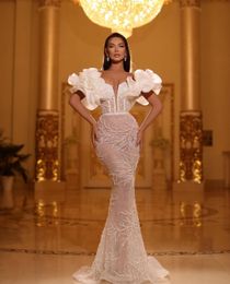 Mermaid Elegant Prom V Sleeveless 3D Lace Patterned Neck Appliques Sparkly Sequins Floor Length Celebrity Formal Evening Dresses Plus Size Custom Made