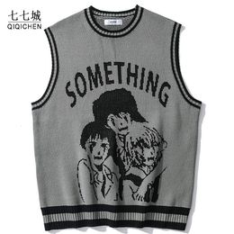 Men's Vests College Knitted Vest Sweaters Men Women Street Hip Hop Casual Band Cartoons Anime Pattern O-neck Sleeveless Sweaters Tops 230111