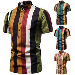 Men's Casual Shirts Colors Print Beach Men's Stand Collar Short Shirt Hawaiian Style Sleeved Holiday Male Chemise