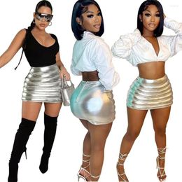 Skirts Sexy Bodycon Mini Silver Skirt Women Puff Glossy Bud Fashion Streetwear Back With Zipper Bottoms Spring Y2k Clothes 2023