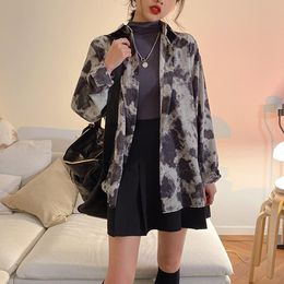 Women's Blouses & Shirts Chiffon Vintage Loose Oversize Tie Dye Casual Long Sleeve Fashion Turn Down Collar Women Female