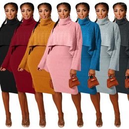 Work Dresses Women Winter Sweater Suit 2 Pcs Set Jumper Turtleneck Crop Top Tank Sleeveless Long Dress Fall Outfits 2023