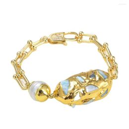 Link Bracelets Natural White Pearl Blue Larimar Rough Gold Plated Chain Olive Shape Bracelet 8" CZ Clasp Lady Jewellery