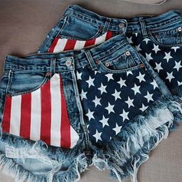 Women's Jeans Women Fashion Hight Waisted Tassel Shorts USA Flag Printed Short Blue 230110