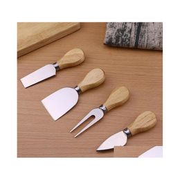 Cheese Tools Usef Set 4Pcs/Set Oak Handle Knife Fork Shovel Kit Graters For Cutting Baking Board Sets Butter Pizza Slicer Drop Deliv Dhlvz