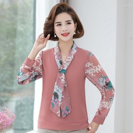 Women's T Shirts 2023 Spring Fashion Sweet Chiffon Sleeve Tee Shirt Femme Printing Stitching Long Tie V-neck Female Women T-shirt Tops