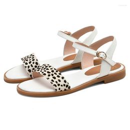 Sandals 2023 Summer 2cm Low Heels Shoes Leopard Genuine Leather Girl's Women Casual Beach Flats Large Size 34-43