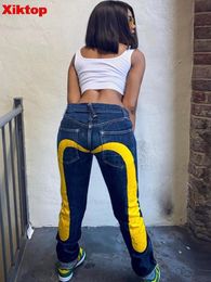 Women's Jeans Xiktop Cotton Cargo Pants for Women Yellow Strip Print Streetwear Straight Sexy Low Waist Contrast Colour Long Trousers 230110