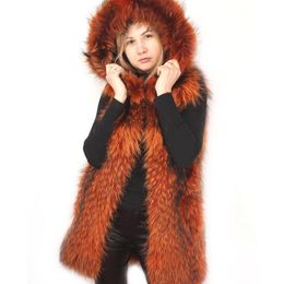 Women's Fur & Faux .Custom Real Racoon Vest Women Fashion Hooded Warm Coat High Quality Gilet Plus Size Custom