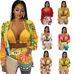 Women's Tracksuits Summer 3 Pieces Beach Wear Outfits Sexy Hater Bra Mini Shorts Logn Sleeve Cardigan Shirt Women Fashion Printed Club