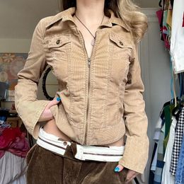 Women's Jackets Fall Khaki Corduroy Y2K Women Pockets Stitched Cargo Style Varsity Jacket Coats Vintage Preppy Outwear Sweetown l230110