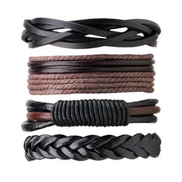 Charm Bracelets 4pcs/lot Vintage PU Leather Handmade Braided DIY Men Black Brown Casual Fashion Stylish Jewellery Accessories