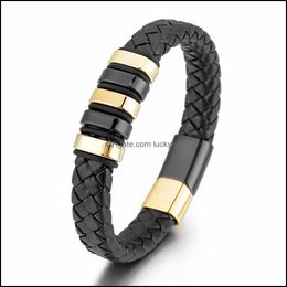 Chain Handmade Braided Leather Wristband Bracelets For Men Link Strand Fashion Magnetic Clasp Black Cord Vintage Wrist Band Rope Cuf Dhbg7