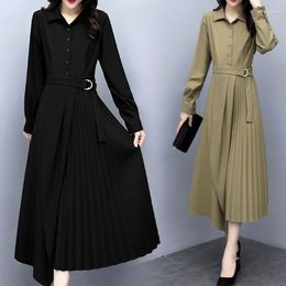 Casual Dresses Korean Style Women Chic Streetwear Robe Solid Cotton Black Vintage Long Sleeve Maxi Shirt Dress Belt Vestidos E83