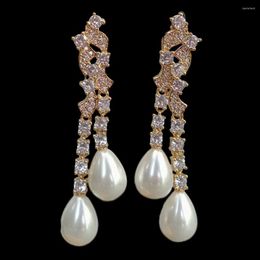 Stud Earrings Teardrop White Sea Sell Pearl Cz Pave Yellow Gold Plated Elegant